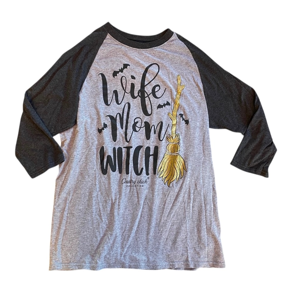 Country Chick Wife Mom Witch Raglan Shirt Womens Medium Gray Gold Broom Graphic